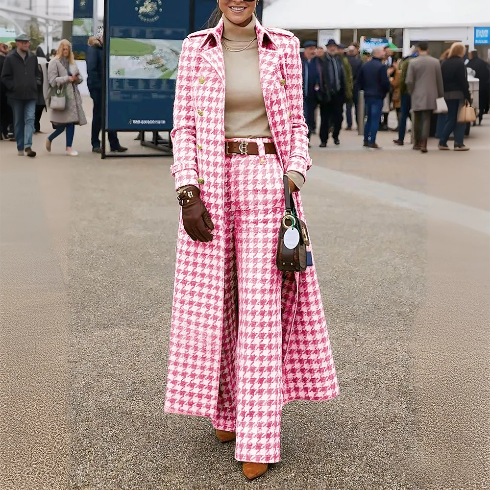 Classic Houndstooth Women Suits 2 Piece Jacket Pant Outfits High Quality Double Breasted Notch Lapel Female Clothing Costume