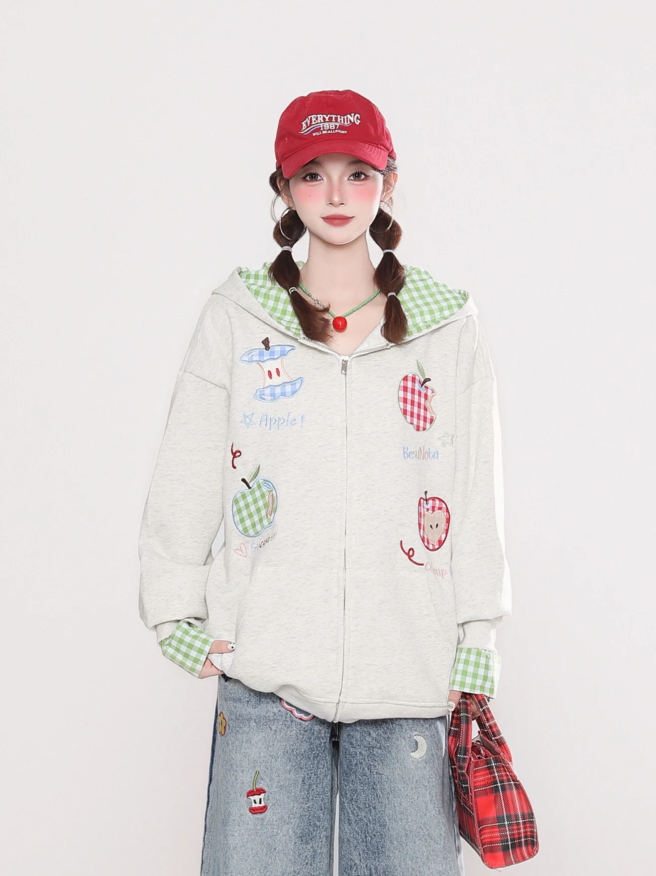 2025 Spring and Autumn New American Style Women's Apple Embroidery Plaid Hooded Gray Sweatshirt Blue Loose High Waist Jeans