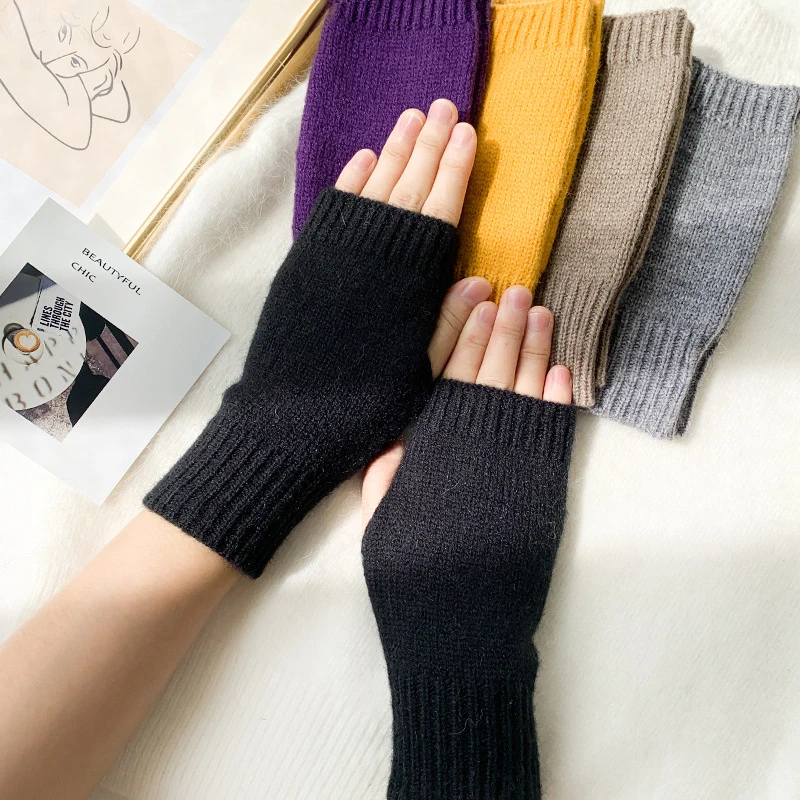 INS Korean Winter Warm Fingerless Knitted Gloves Women Solid Color Stretch Mittens Exposed Finger Gloves arm warmers  guantes