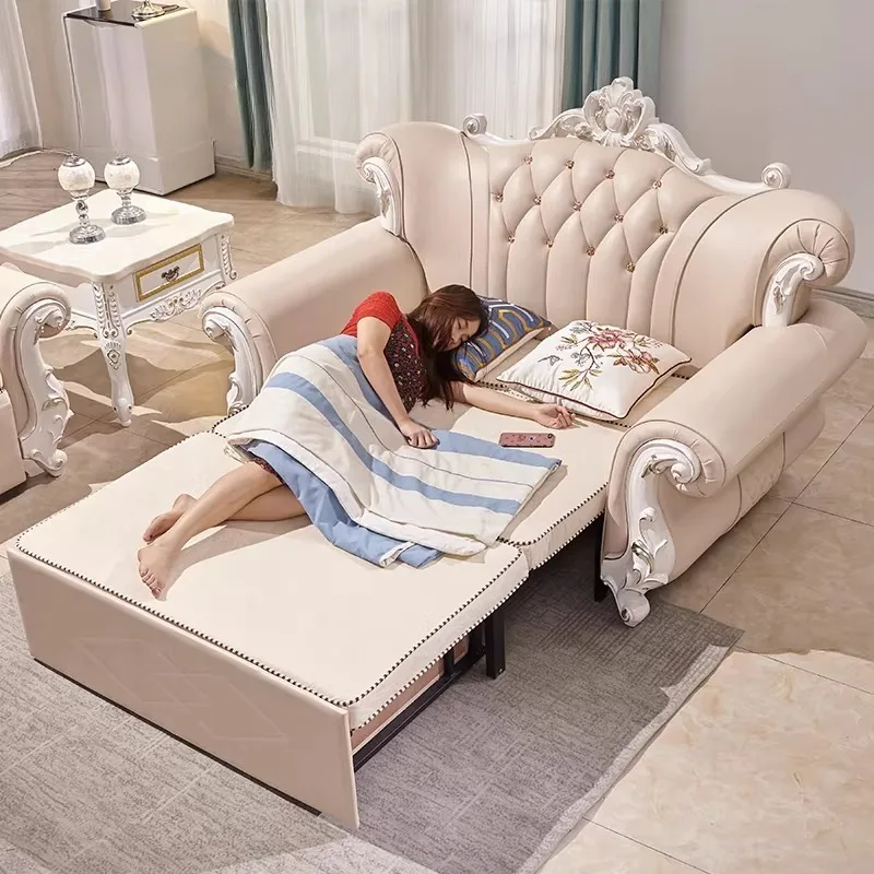 Sofá Cama de Cuero para Sala de Estar, Sofá Clásico Multifuncional Doble, Divano Europeo para Parejas, Muebles para el Hogar