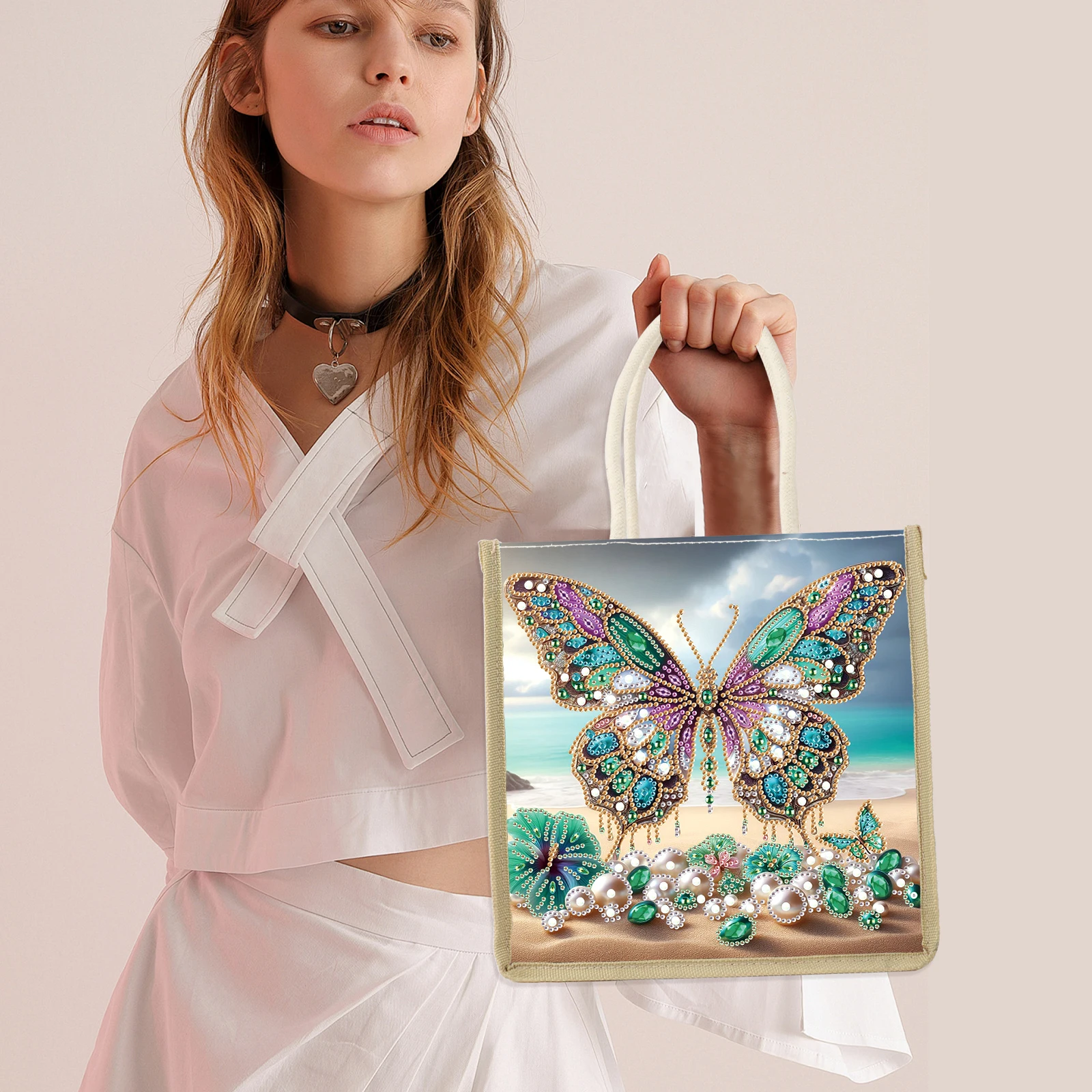 Diamond Art Painting Handbag Kits,beach butterfly Special Shape Diamond Canvas Art Bag Shopping Storage Bag Craft Handmade Gift view 4
