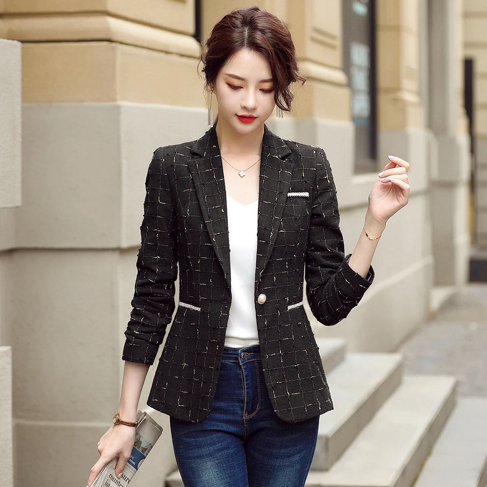 

Women Elegant Blazers Vintage Slim Long Sleeve Single Button Casual Outerwear S-4XL Chic Black White Plaid Coat Jacket Clothing