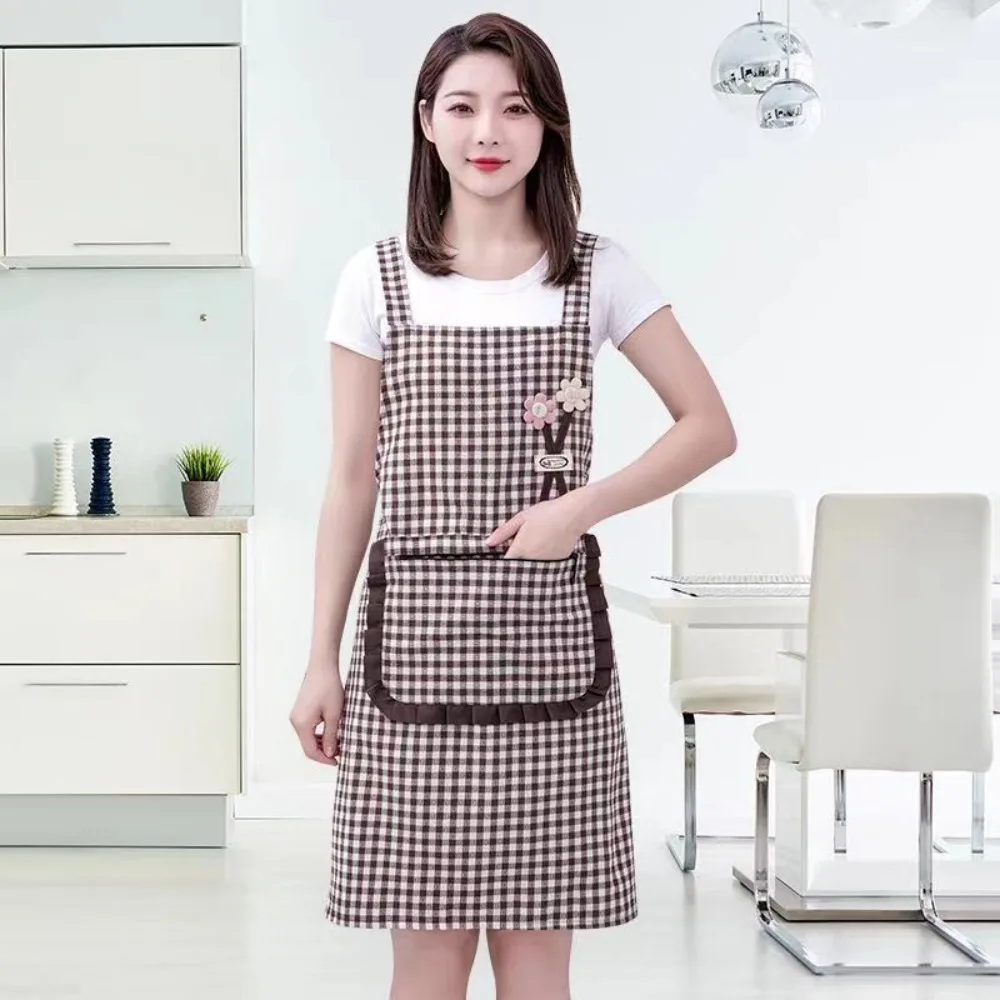 Household Plaid Women Apron Large Pocket Oil-proof Chef Aprons Cotton Overalls Sleeveless Apron for Kitchen