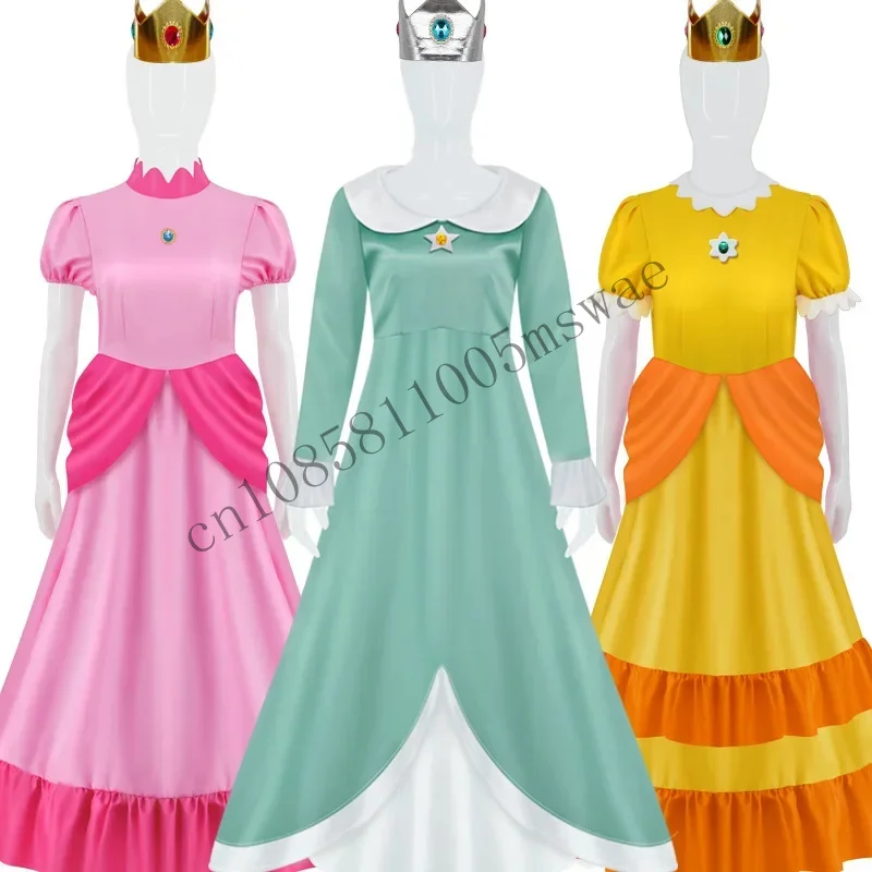 CosDaddy Princess Peach Cosplay Costume Pink Dress Adult Rosalina Blue Crown Suits Kids Halloween CMMN11