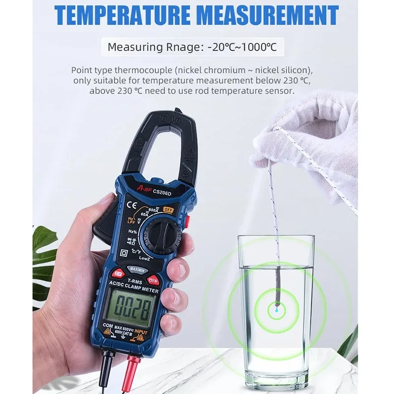 A-BF CS206B/CS206D Digital AC/DC Clamp Meter True RMS Auto Range Multimeter MAX/MIN NCV Current Voltage Temp Capacitor Tester