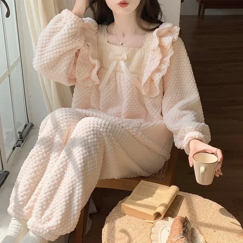 New Autumn Winter Women Loungewear Plush Thick Pajamas Girl Ladies Lace Thermal Set Woman Soft Homewear Loose Home Clothes Lady