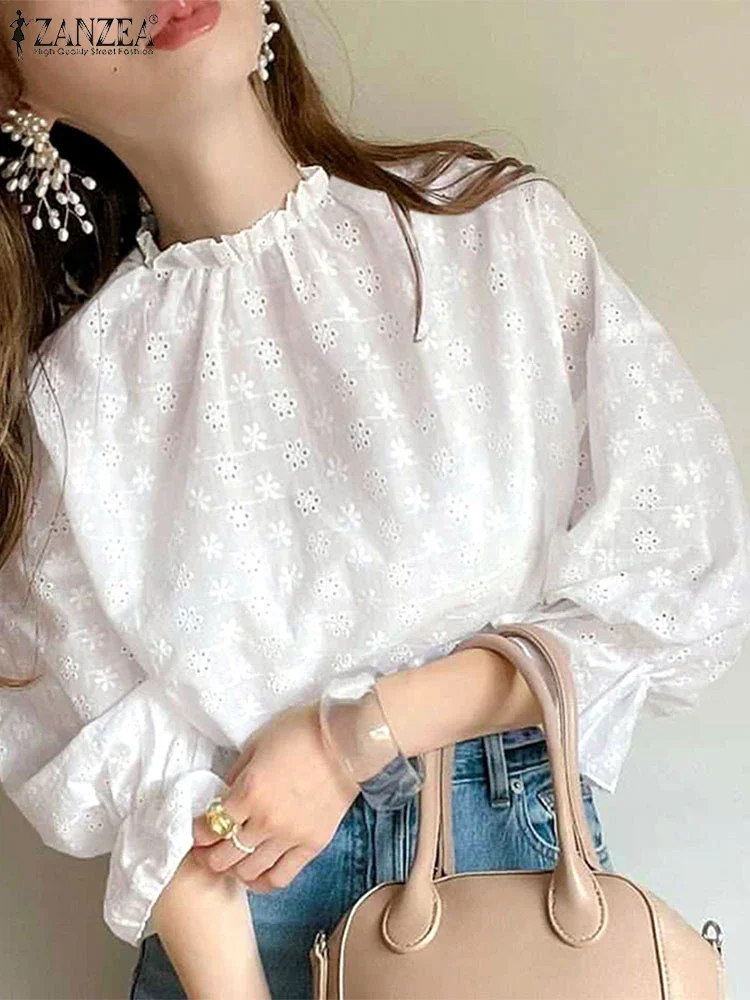 

ZANZEA 2025 Fashion Blouse Women Lacing Pattern Tops Casual Solid Pleating Vintage Lantern 3/4 Sleeve Ruffle Stand Collar Tunic