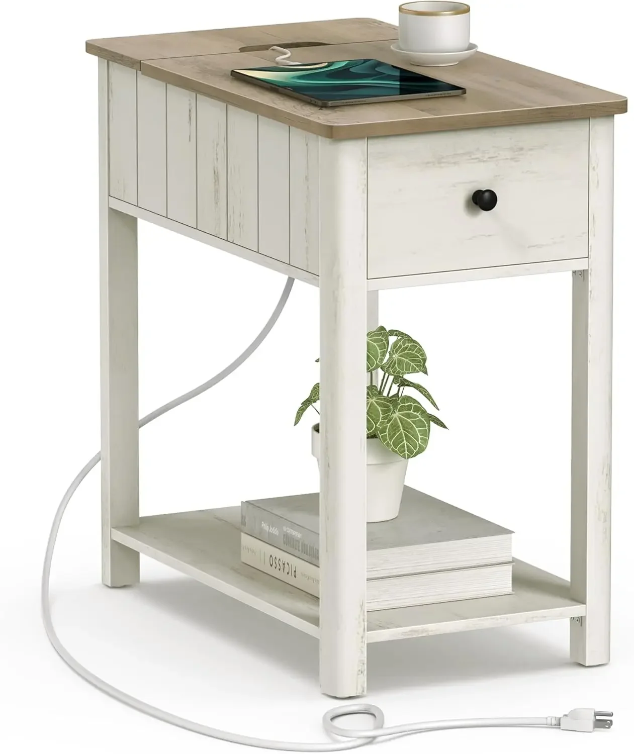 Mesa auxiliar con estación de carga, mesa auxiliar con puertos y tomas USB, mesita de noche con almacenamiento, para salón, dormitorio