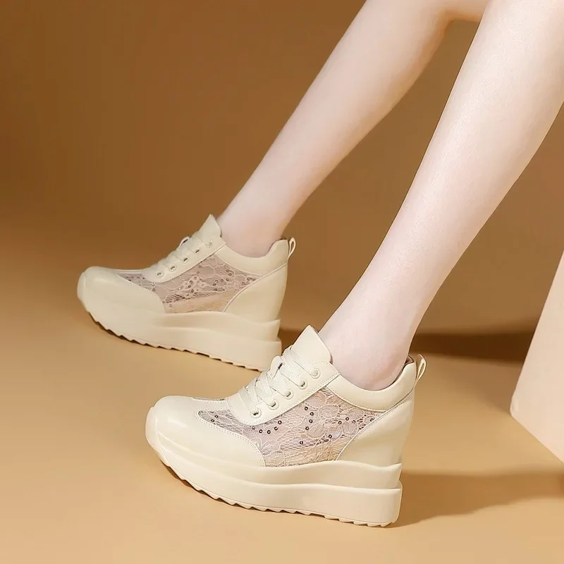 10CM Air Mesh Platform Wedge Chunky Shoes Genuine Leather hidden heels Women Summer Spring Autumn Walking Sneakers Fashion