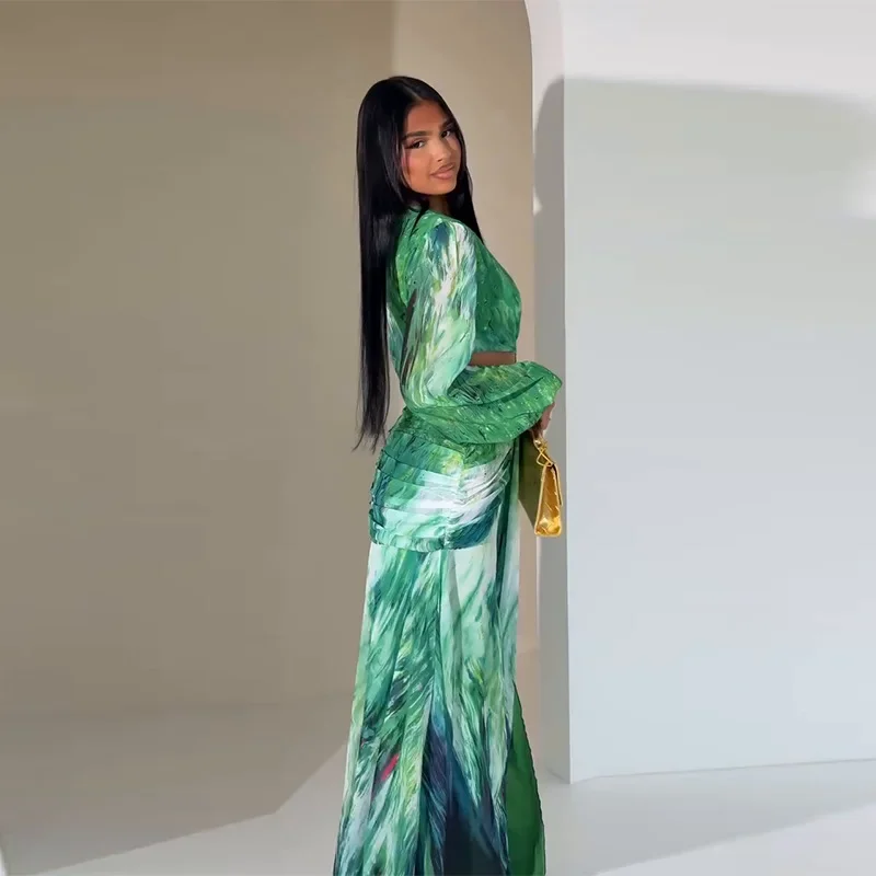 Split Skirt 2 Piece Sets Women Beach Suit Print Top Long Skirts Floor Length Outfits Folds V Neck 2025 Summer Sexy Ensemble