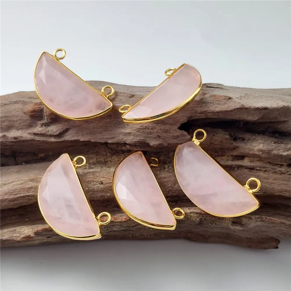 

FUWO Double Loops Pink Quartz Pendant,Faceted Half Moon Rose Crystal Accessories For Jewelry Making PD438 5Pcs/Lot