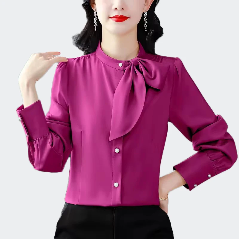 

Spring Autumn Elegant Fashion Ladies Long Sleeve Scarf Collar Shirt Solid Color All-match Tops Women Elegant Blouses