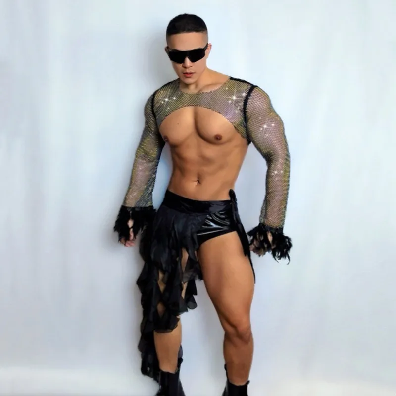 Bar Nightclub Male Gogo Dance Costume Sexy Transparent Rhinestones Tops Shorts Set DJ Dancer Performance Stage Wear Rave Outfit