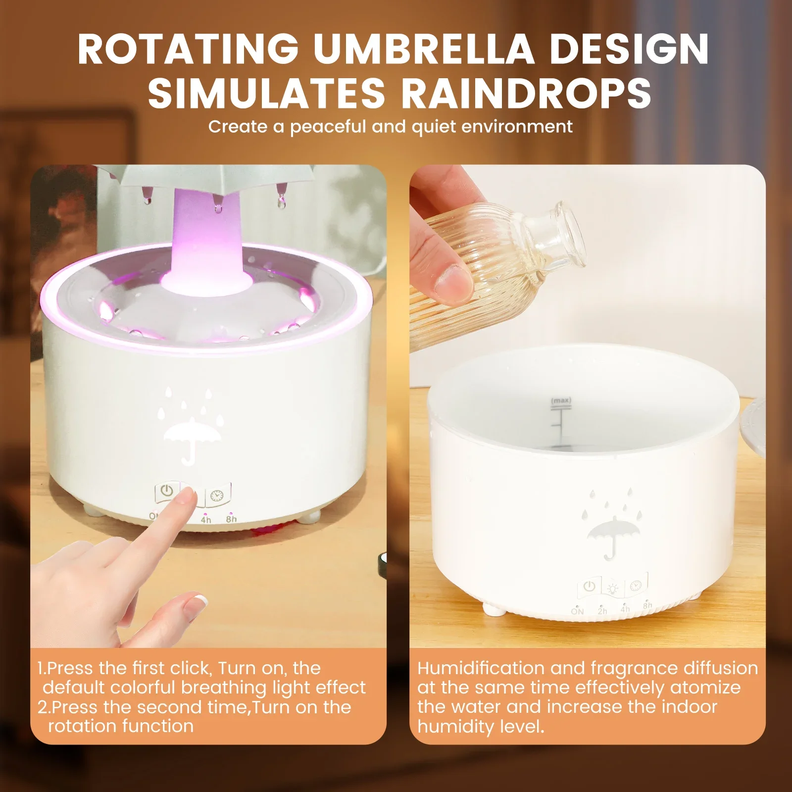 Creative Umbrella Water Drop Air Humidifier with Colorful Light Raindrop Aroma Essential Oil Diffuser Aromatherapy Humidifier