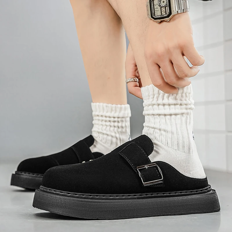 Men's Thick-Soled Half-Slip Mules, Retro Suede Closed-Toe Backless Sandals with Buckle Design, Height-Increasing Slip-On Slippers, Outdoor Casual Non-Slip Slip-On Men's Shoes