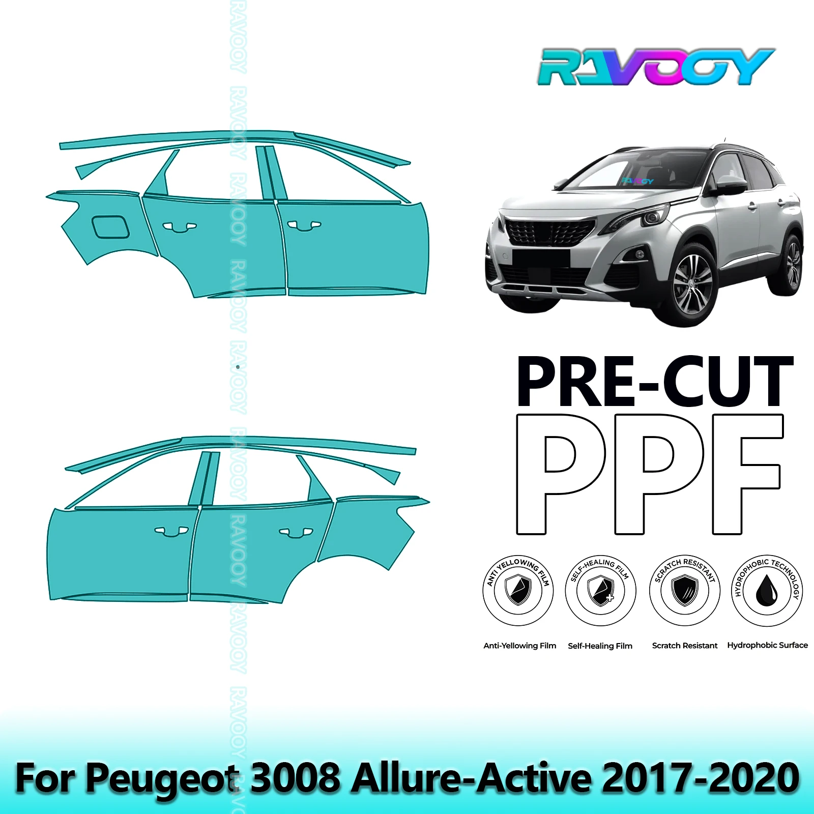 

For Peugeot 3008 Allure-Active 2017-2020 8.5mil Clear Matte Pre-Cut PPF Door & A/B Pillar Kit TPU Paint Protection Film Set