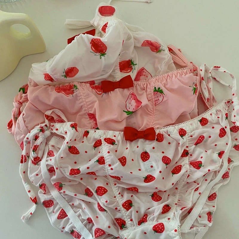 SP&CITY Strawberry Printed Cute Bow Sexy Women\'s Underwear Sweet Girl Milk Silk Breathable Panties Cotton Crotch Ruffle Briefs