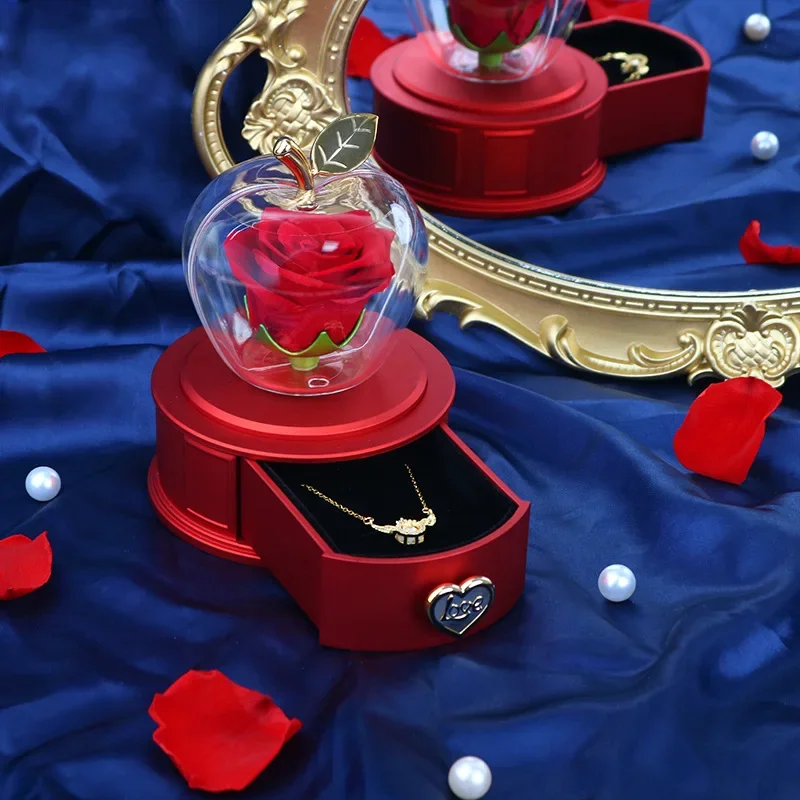 Luxury Eternal Rose Apple - Shaped Ornament with Red Drawer Base for Necklace and Ring with Exquisite Gift Box Handbag view 2