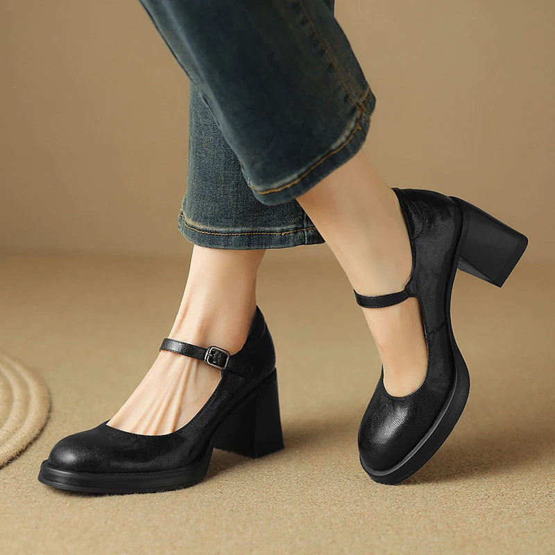 Scarpe Mary Jane con punta tonda e plateau con tacco grosso in vera pelle con cinturino con fibbia, stile retrò per donna