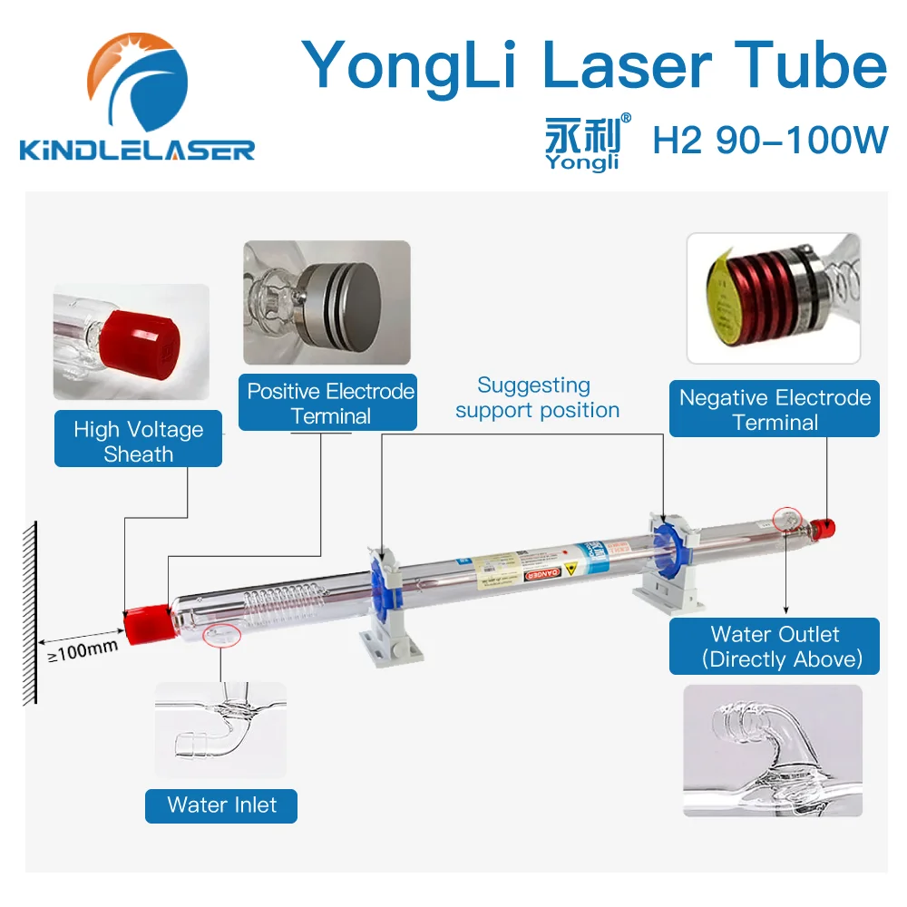 KINDLELASER Yongli H2 90-100W CO2 Laser Tube H Series Dia.60mm Wooden Box Packing for Laser Engraving Cutting Machine