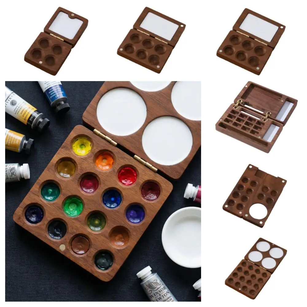 Art Supplies Walnut Wood Watercolor Palette Mini Magnetic Suction Mixing Paint Tray Compact Portable Paint Box Travel Use
