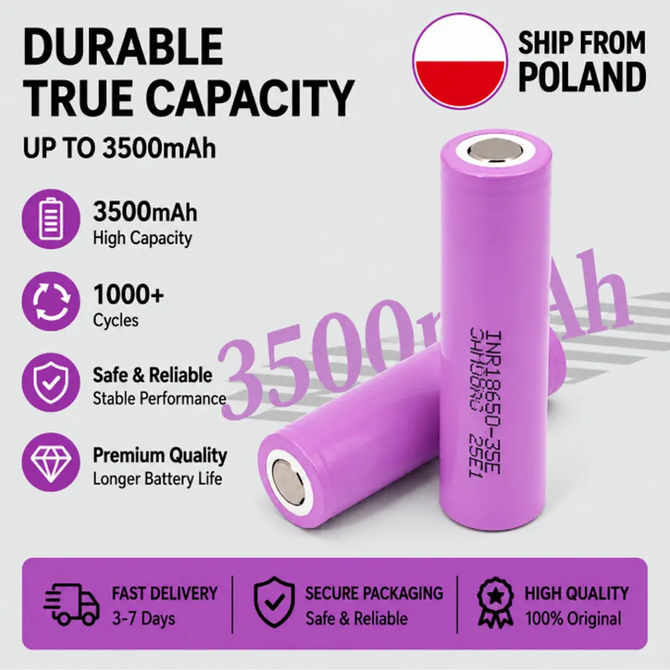 Batteria 18650 da 3500mAh 3.7V, cella agli ioni di litio ricaricabile INR18650-35E, batteria ad alta capacità, reale capacità, lunga durata, oltre 500 cicli, per torcia LED, laptop, power bank e