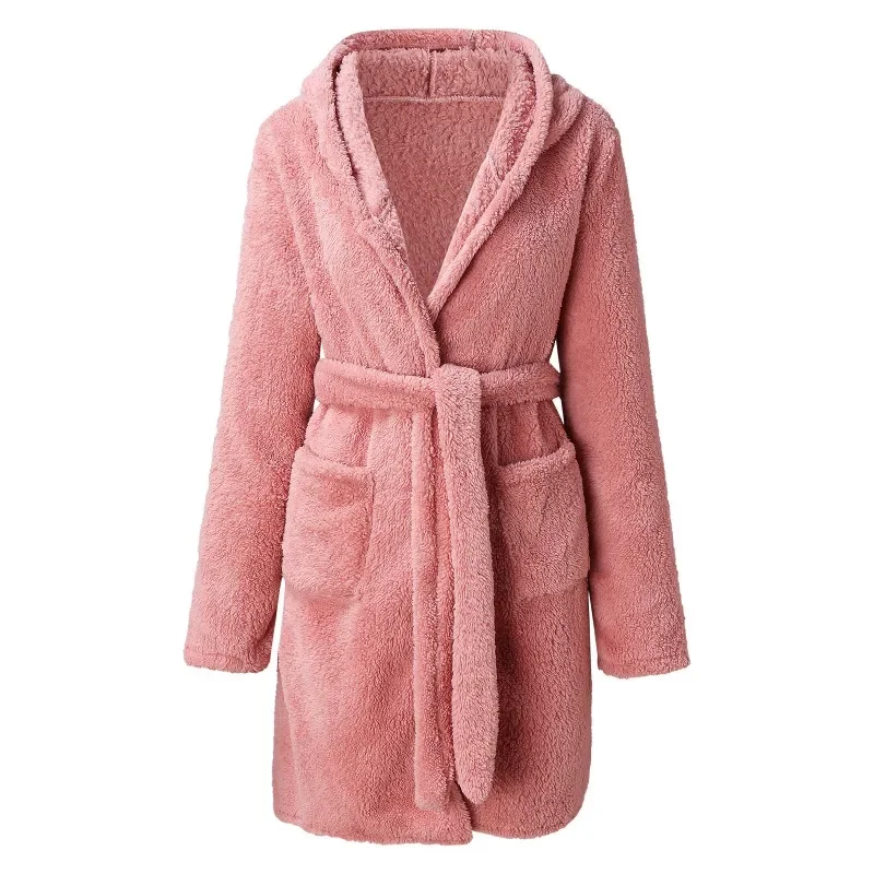 Solid Shower Kimono Robes Hooded for Women Long Sleeves Towel Bathrobe with Waist Girdle Female Cotton Sleepwear for Home Wear