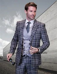 Fashion Plaid Male Prom Blazers 3 Pieces Sets Groom Wedding Tuxedos For Men Slim Fit Peaked Lapel Business Terno Masculino