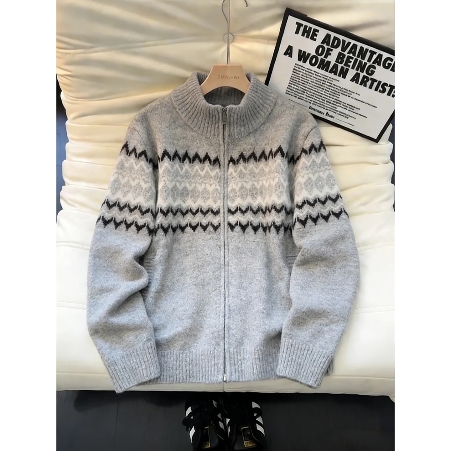 

American Sle ey Fair Isle Knitted Cardigan Men's Heavyweight Loose Fit Stand Collar Autumn Winter Warm Versatile Sweater ...