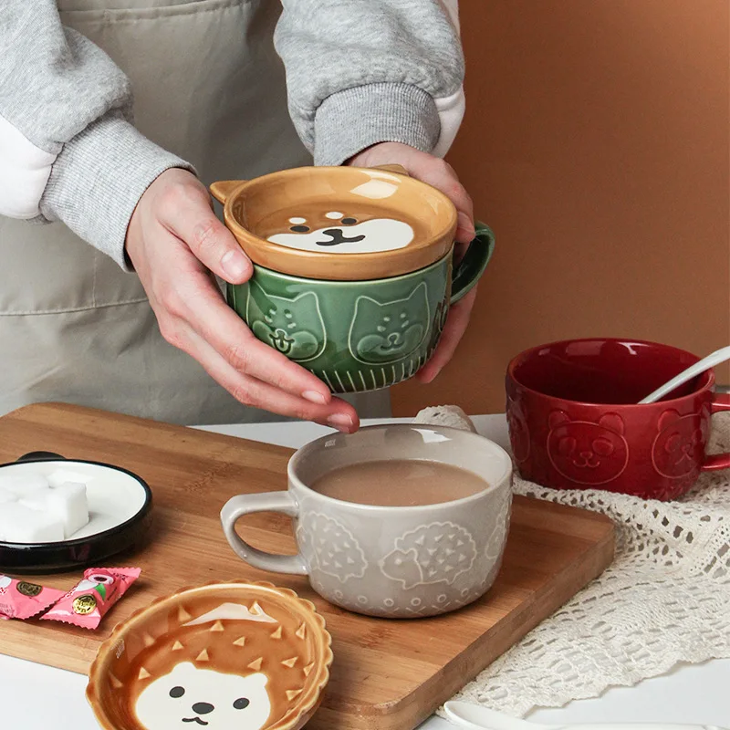 220ML Mug Japanese Shiba Inu Ceramic Coffee Cup Saucer Cartoon Animal Breakfast Milk Cup Embossed Coffee Cup Afternoon Tea Suppl