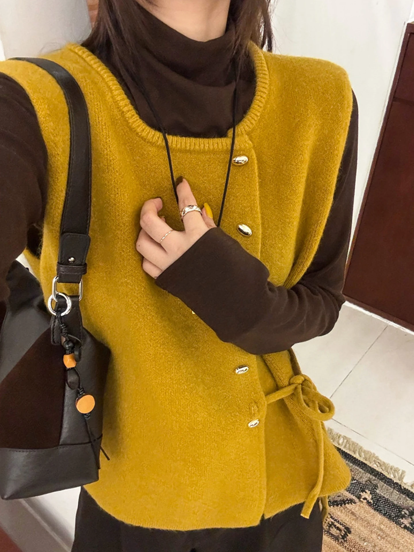 

Side-Buled Knitted Cardigan Women's Faionable Layered Sle Autumn Pure Color Ele Sweater Korean Loose Fit Button Detail