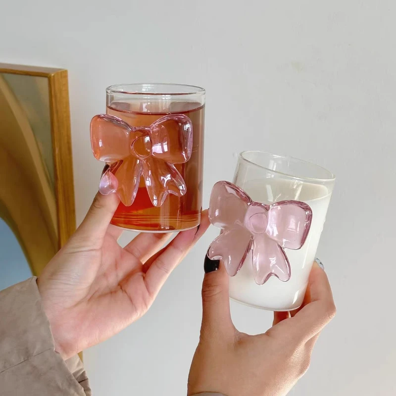 Rosa Schleife Prinzessin Glas Saftbecher mit Griff Hohe Ästhetik für Mädchen Geburtstag Party Geschenk Niedliche Trinkgeschirr Milchteebecher