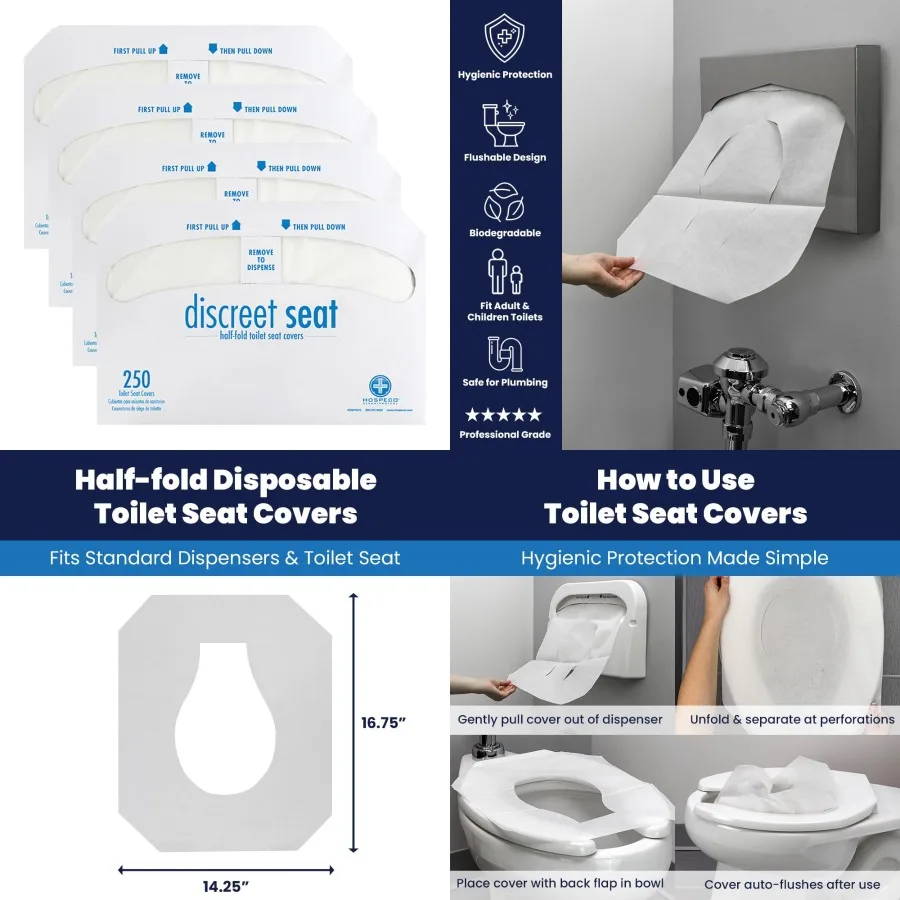 

Flushable Toilet Seat Covers for Commercial Restrooms 1000 Pcs in 4 Packs of 250 Disposable Paper Seats with HalfFold Design fo