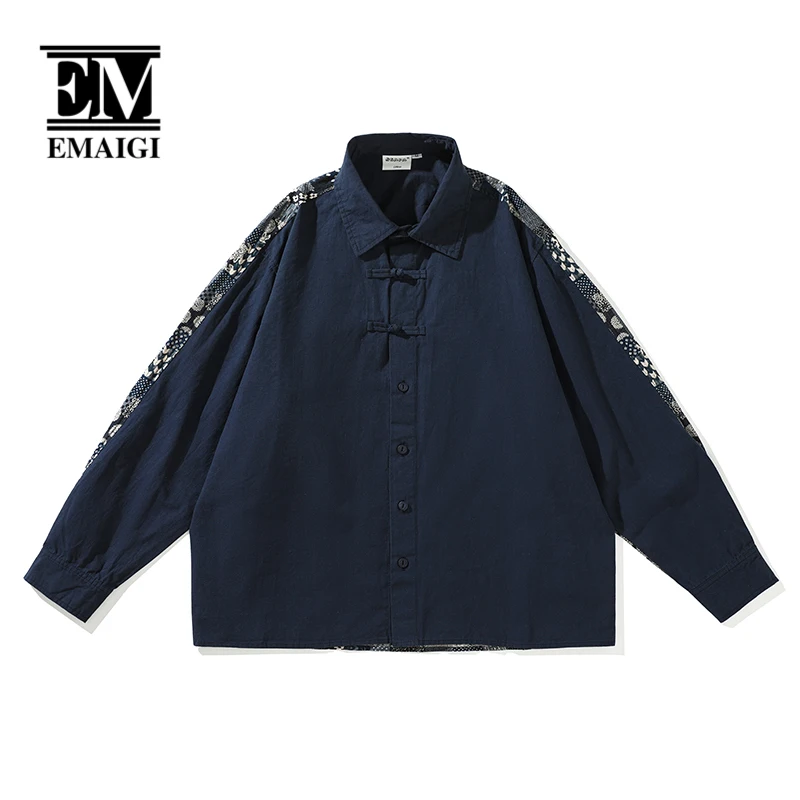 

Men Chinese Style Splice Button Loose Casual Vintage Fashion Long Sleeve Shirts Male Streetwear Oversized Shirt