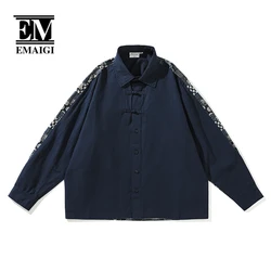 Men Chinese Style Splice Button Loose Casual Vintage Fashion Long Sleeve Shirts Male Streetwear Oversized Shirt