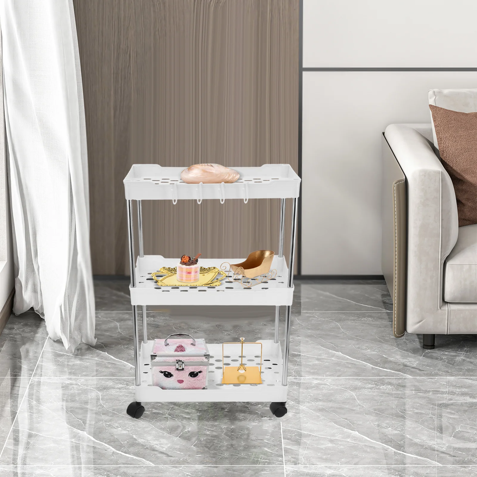 

1pc 3-Layer Bathroom Storage Cart Rolling Utility Rack Multi-Tier Organizer Kitchen Trolley With Swivel Wheels Space Saver