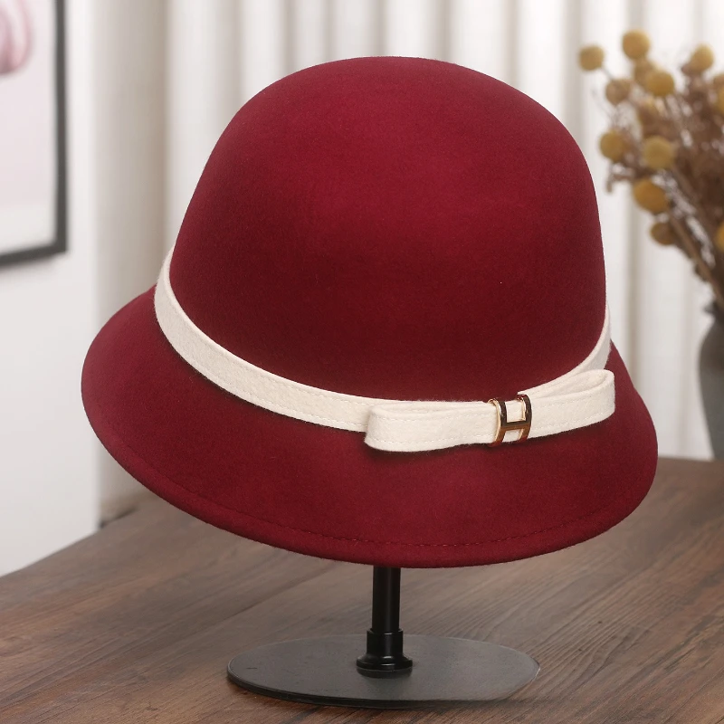 Hepburn-Stil Winter Damen Vintage Französisch Einfach Weiß Rot Fischer Wollhut Schleife Elegante Mütze Party Hochzeit Kirche Derby Filz – Detail 5