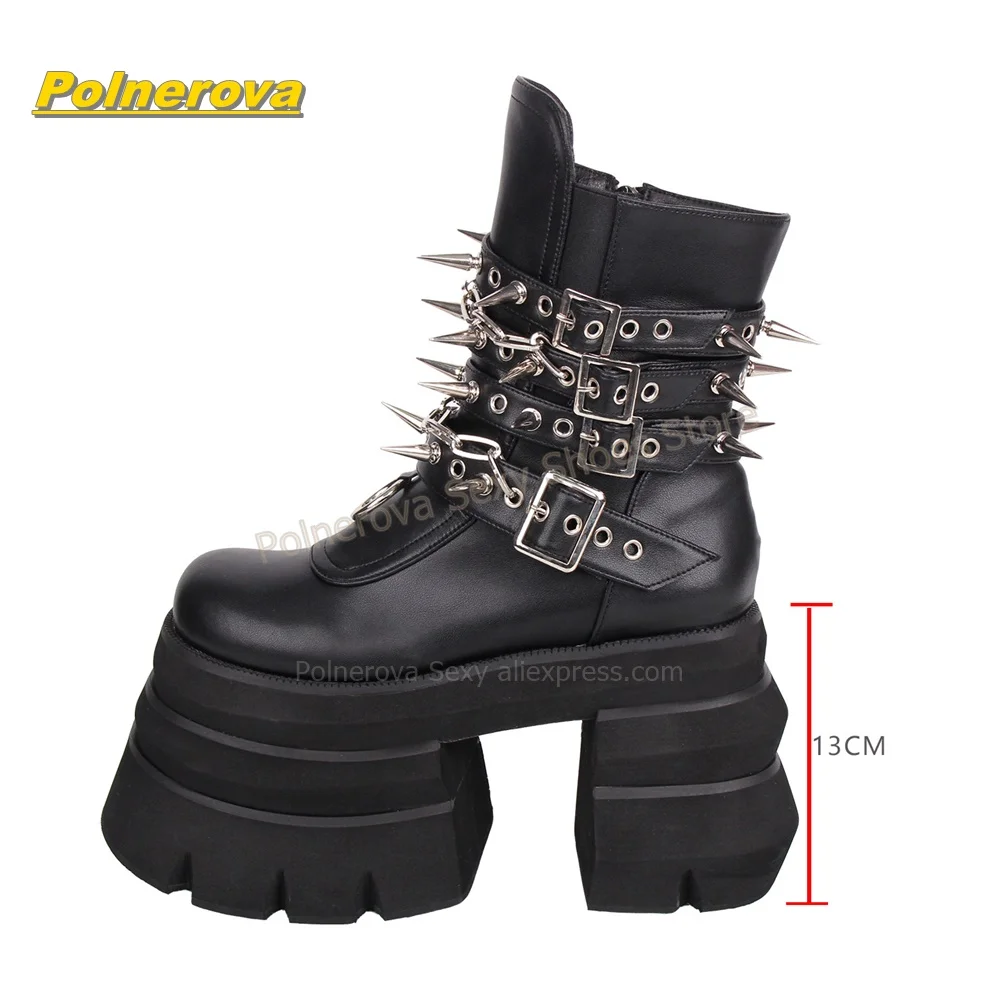 Women Punk Spiked Platform Ankle Boots Chain Multi Buckle Round Toe Chunky Heel Goth Rock Booties Y2K Street Style Causal Shoes