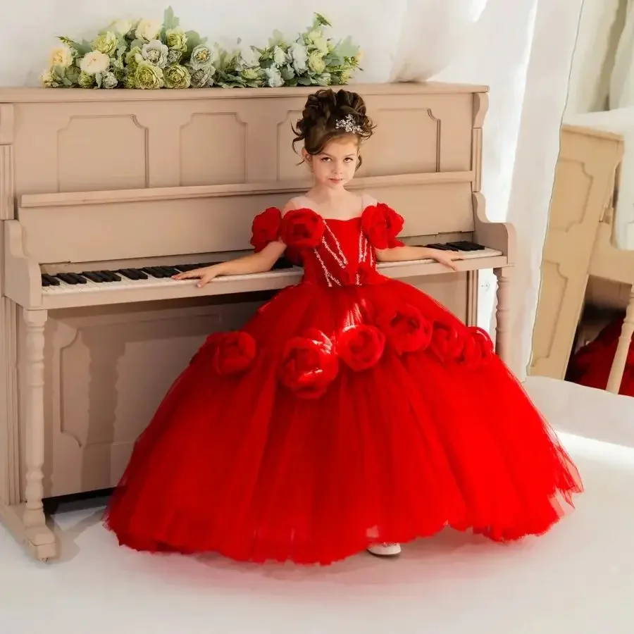 فستان فتاة الزهور من التول الأحمر مكشوف الأكتاف فستان فتاة الزهور أول عيد الميلاد لحفلات الزفاف الزي فساتين اطفال سيهرة بن
