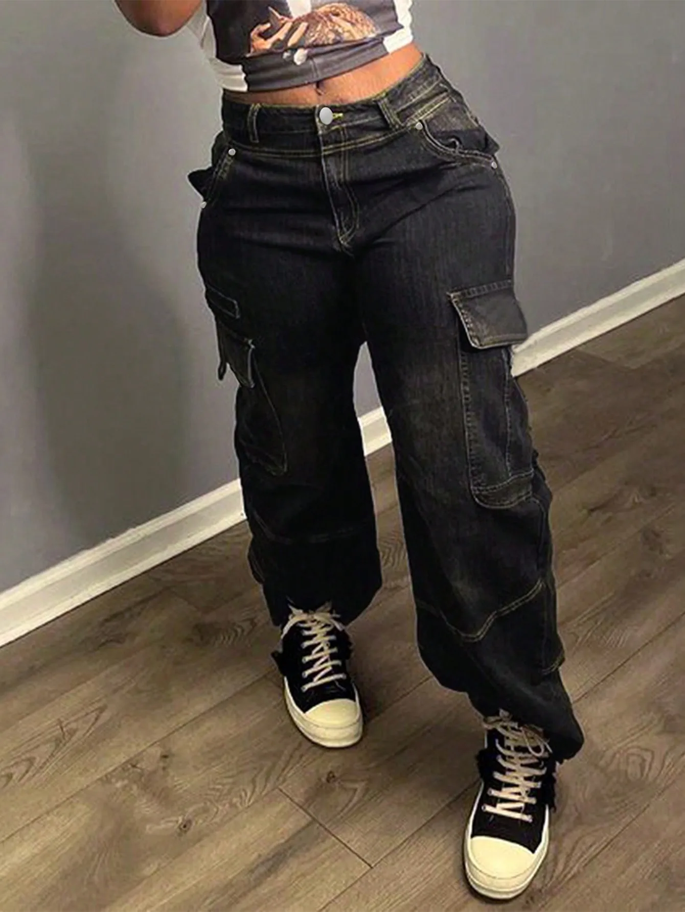 

WGXWGX Women's Loose Fit Baggy Cargo Jeans Y2K Streetwear Vintage Black Cotton Denim Multi-Pocket Design Trendy Casual Pants