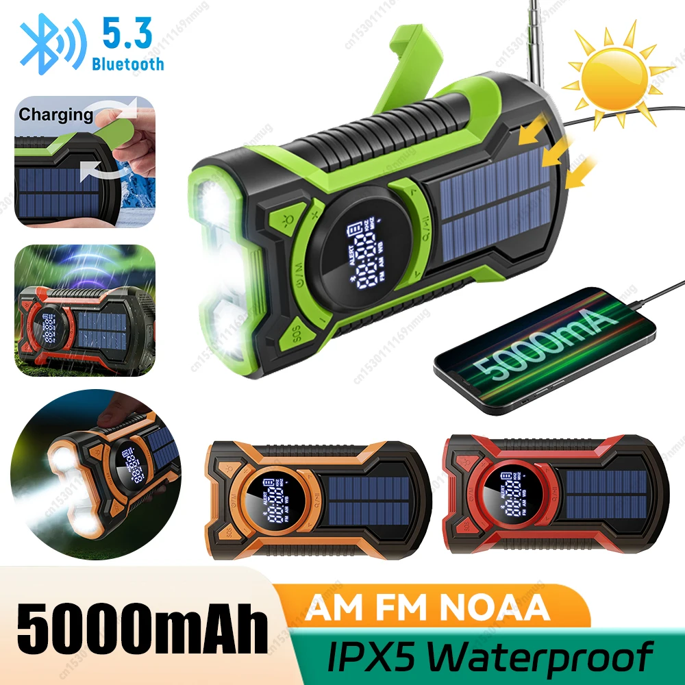 

Solar Emergency Weather Radio Bluetooth-Compatible5.3 Hand Crank Weather Alert Radio Phone Charger SOS Alarm for Outdoor Camping