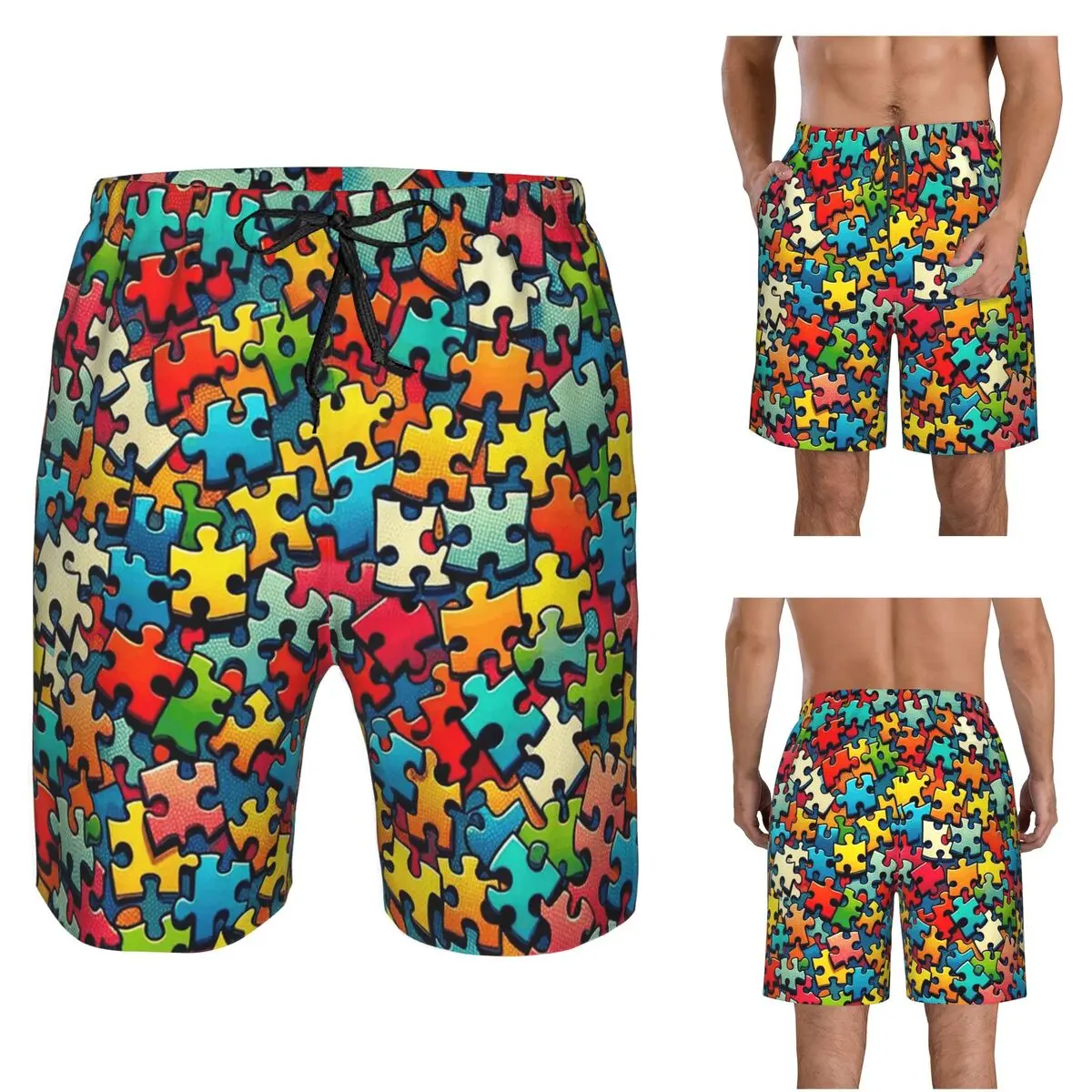 Autism Awareness Colorful Puzzle Piece Print Trunks Beach Board Shorts Casual Quick Dry Swim Summer Men Pants