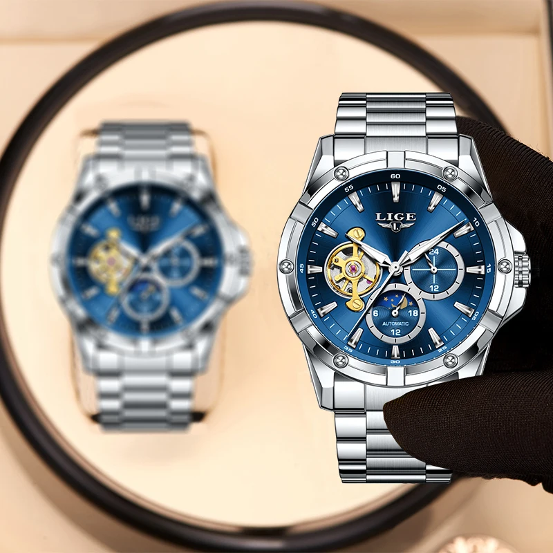 

2025 LIGE новые автоматические мужские часы, модные повседневные механические часы, мужские водонепроницаемые светящиеся наручные часы с турбийоном, Reloj Hombre