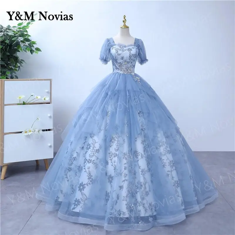 Niebieskie sukienka na Quinceanera 2023 Y & M Novias sukienka na studniówkę koronkowe aplikacje formalna suknia prosta sukienka na Quinceanera Vestido De Quincenera