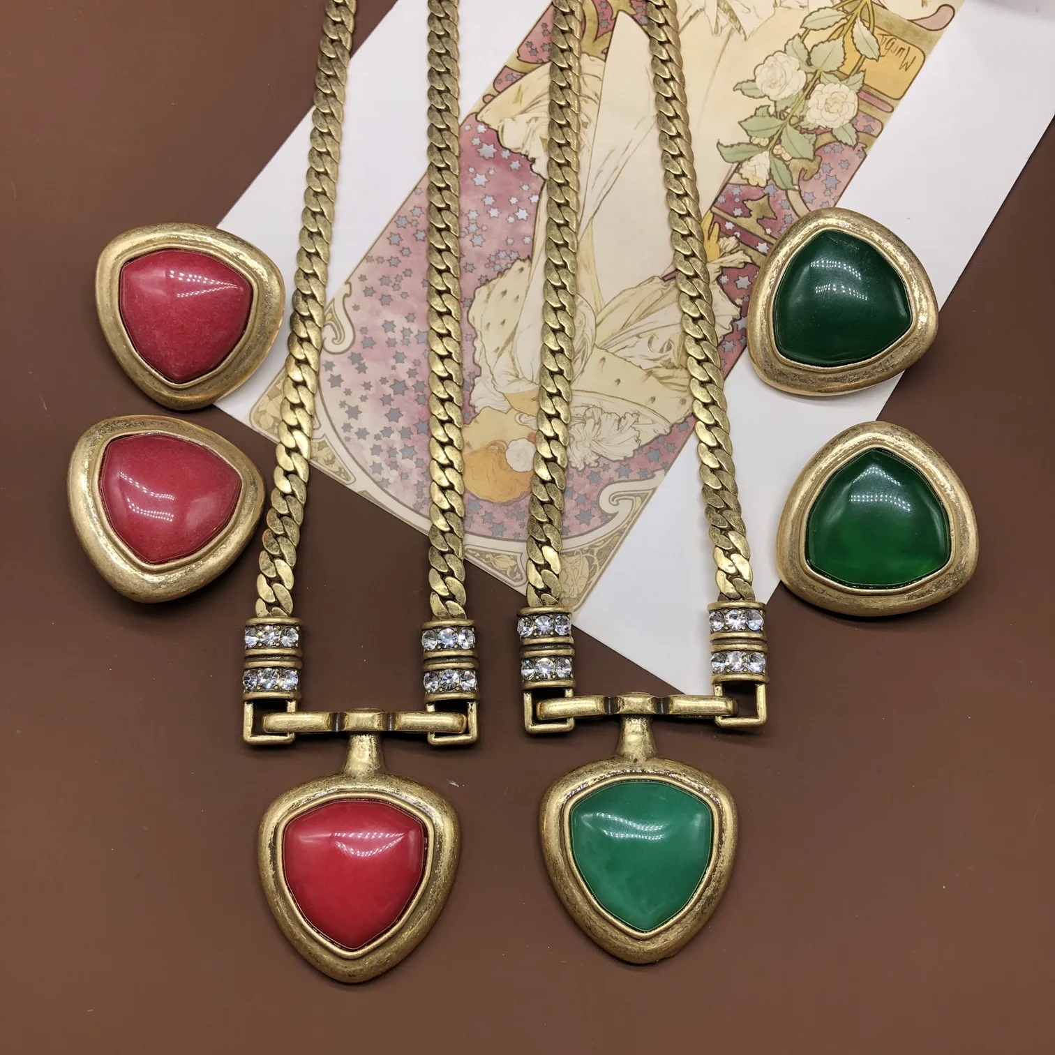 

fashionable triangular stone inlaid pendant necklace Geometry stud earrings jewelry