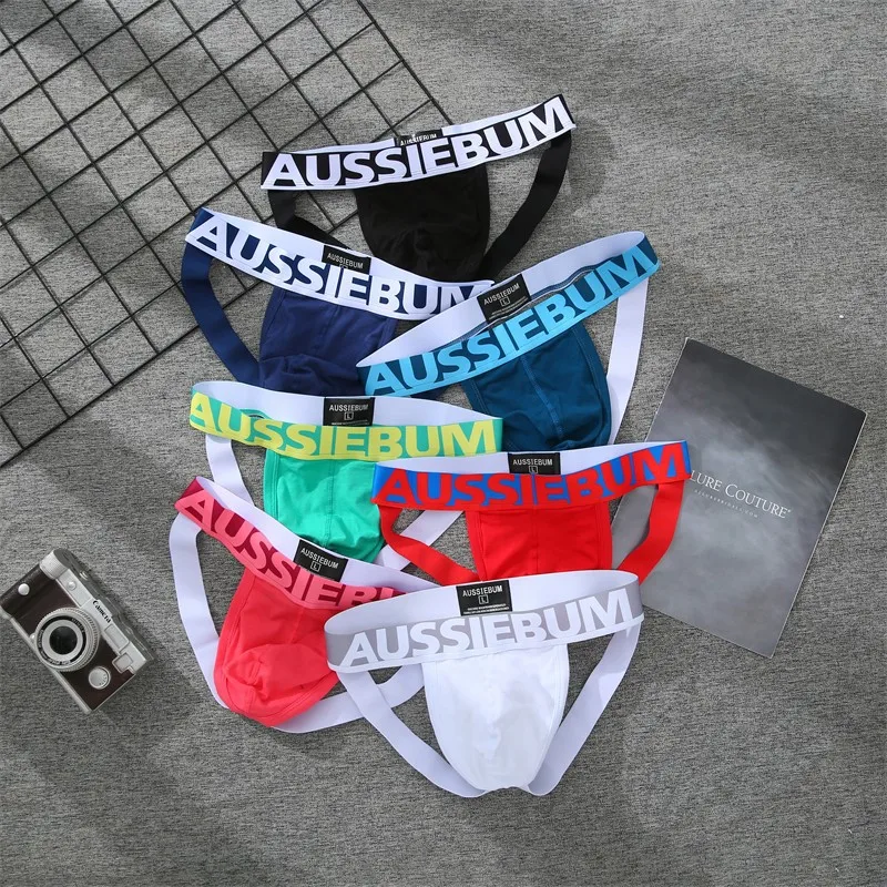 New men's low-rise double-butt panties cotton non-marking buttock lift U-embossed thongs AUSSIEBUM