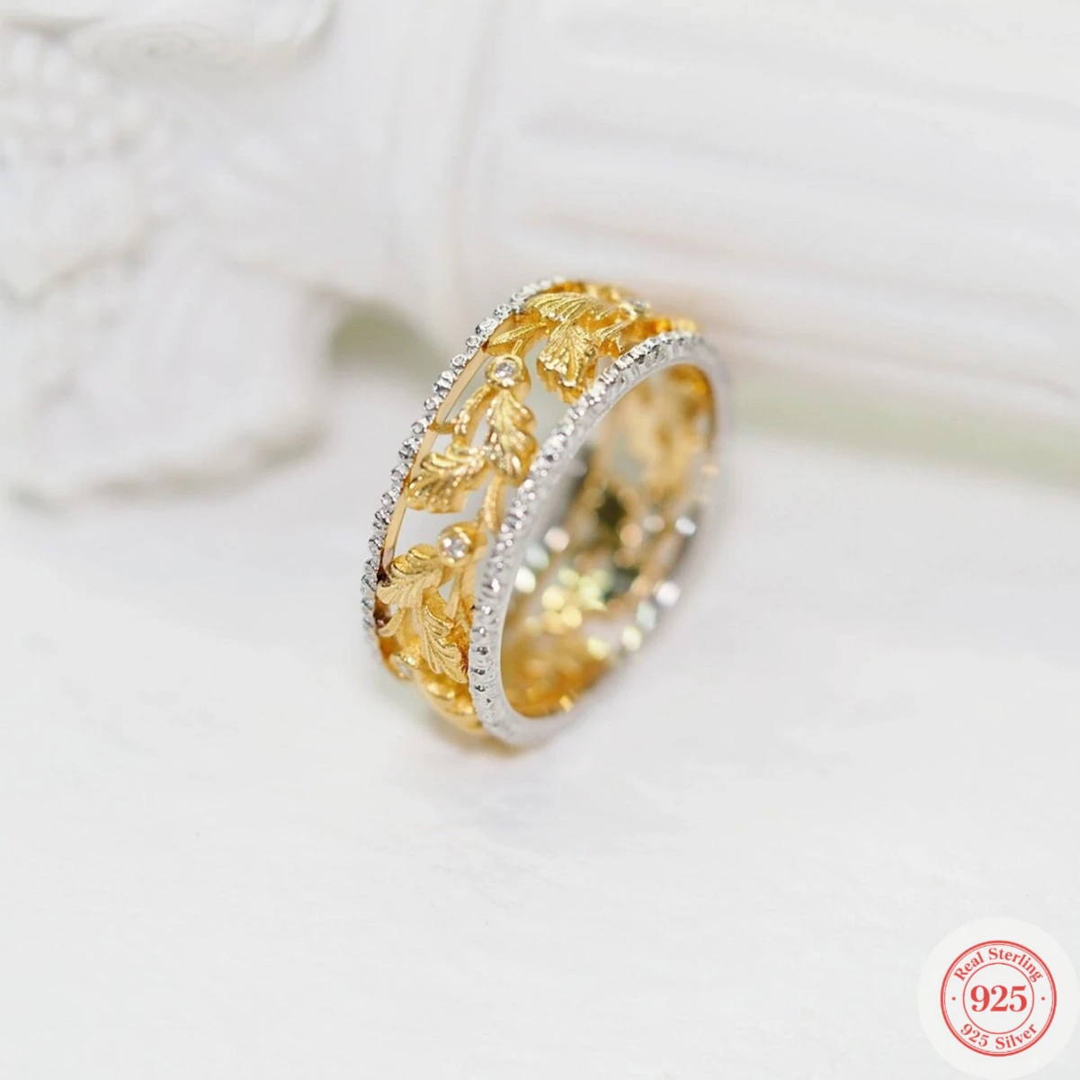 

Женское кольцо из стерлингового серебра 925 пробы в стиле ретро с золотой веткой и бриллиантом в форме листа нефрита, легкое роскошное изысканное кольцо в форме листа, еврейское