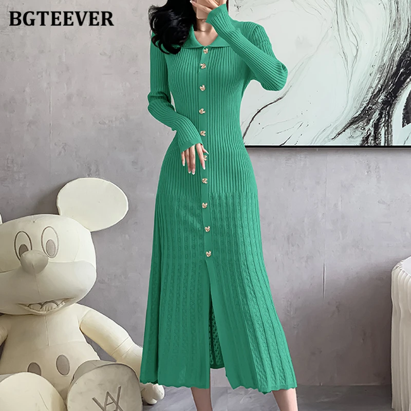 เดรสไหมพรมทรงเข้ารูปสำหรับผู้หญิง แบรนด์ BGTEEVER ดีไซน์หรูหรา กระดุมแถวเดียว ความยาวปานกลาง คลุมสะโพก เหมาะสำหรับฤดูใบไม้ร่วงและฤดูหนาว ปกเสื้อแบบปกเชิ้ต แขนยาว