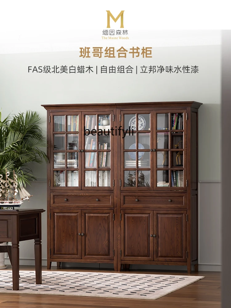 Bookcase Glass Solid Wood with Door American All Solid Wood Household Light Luxury Floor Wall Integrated to the Top