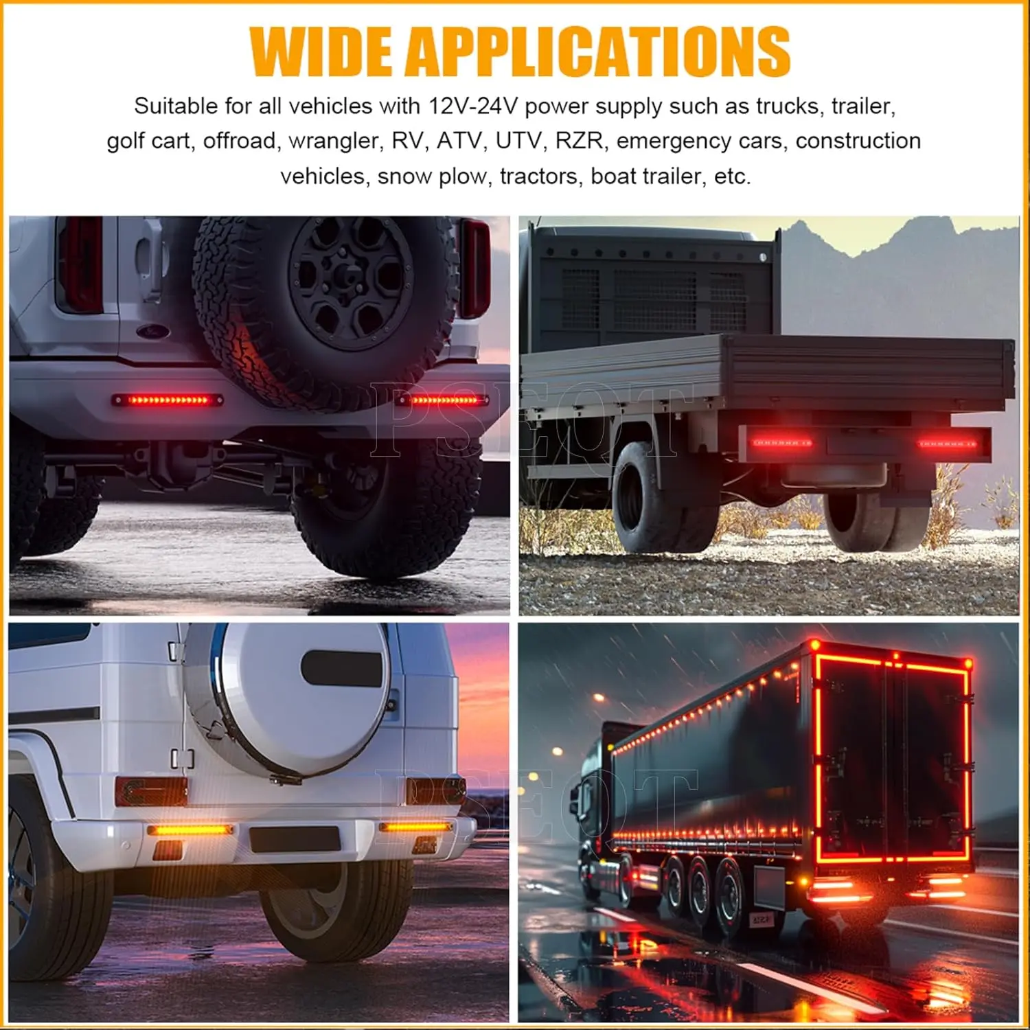 3-Color LED Light Strip for Trailer-Amber Red Purple Brake Turn Signal Running Lights Waterproof Rear Identification Marker 2Pcs